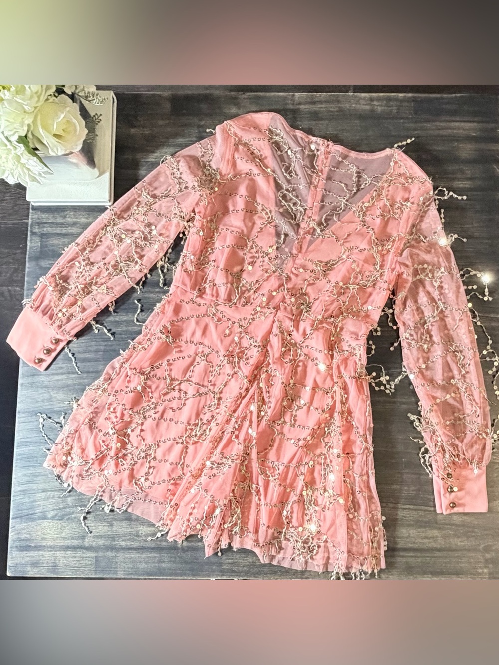 Pink Fringe Sequin Embellished Romper Size Large